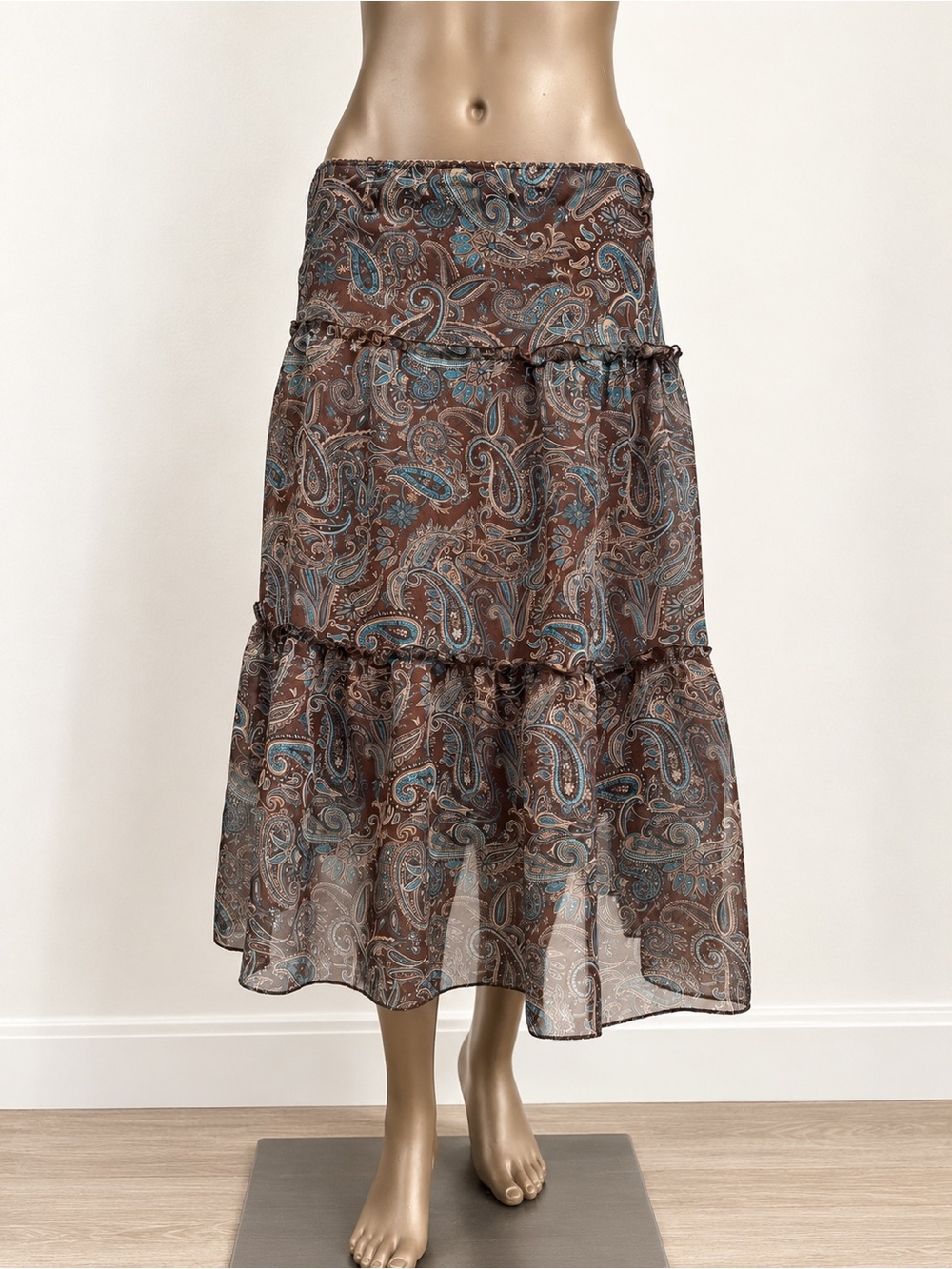 Vintage Y2K Paisley Tiered Maxi Skirt Brown Blue Boho Sheer Ruffle - Picture 1 of 8